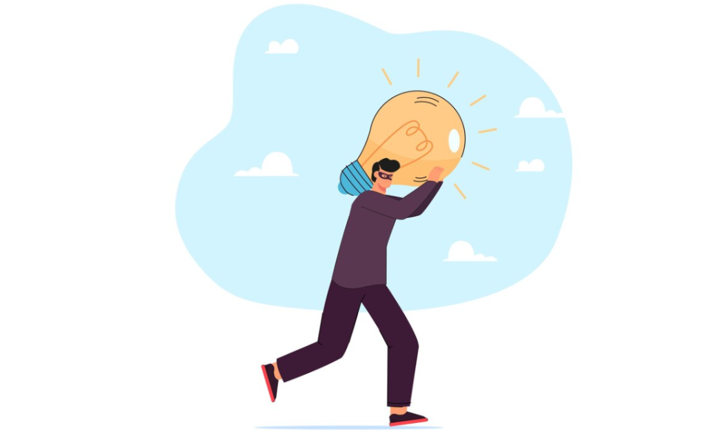 Illustration of a person with a light bulb head walking under a blue sky