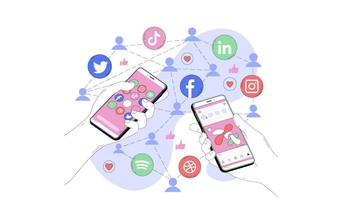 Hands holding smartphones surrounded by social media icons in a network illustration
