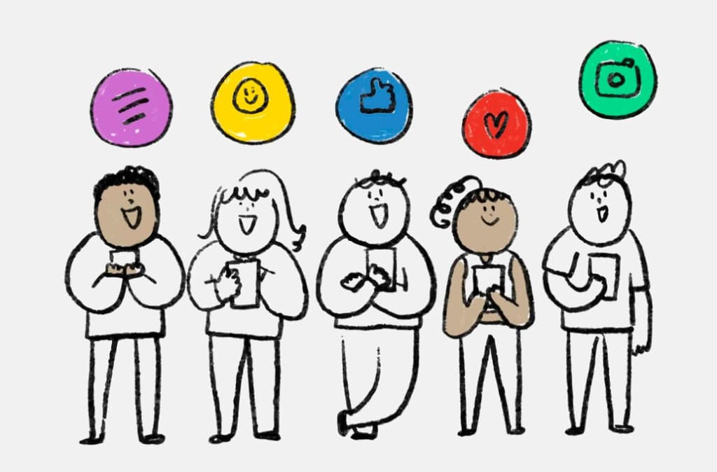 Childlike drawing of diverse people holding phones with colorful social icons above